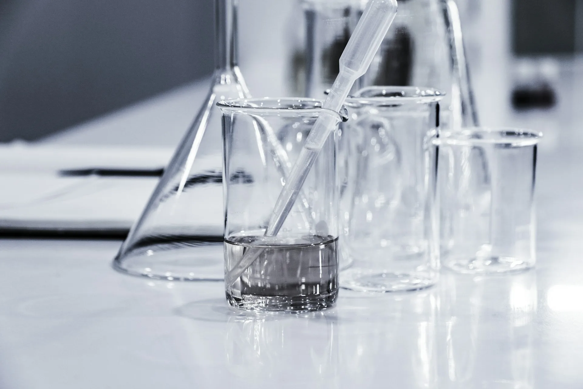Laboratory glassware arranged for scientific experiments.